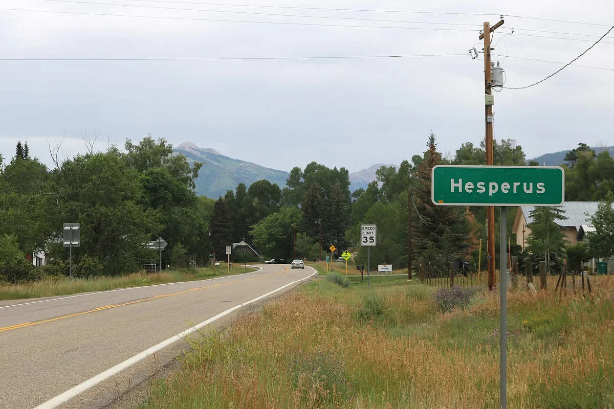 Entering Hesperus, Colorado on Highway 140 with Baldy Peak beyond