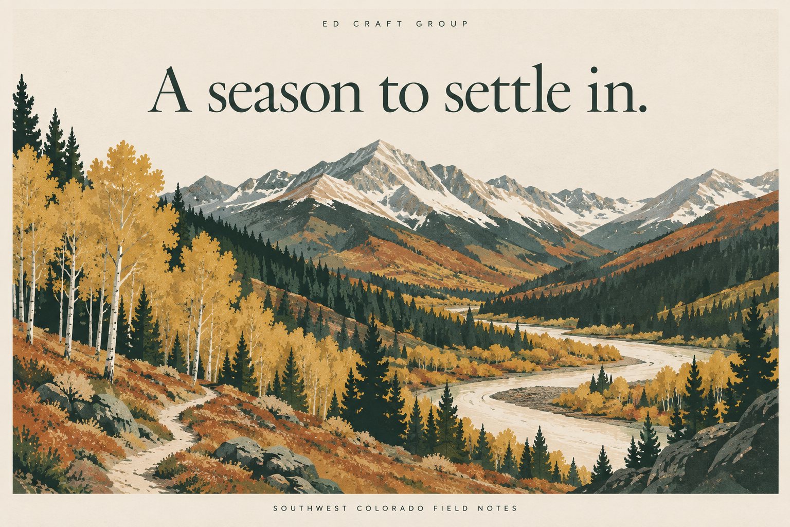 Illustrated autumn mountain landscape