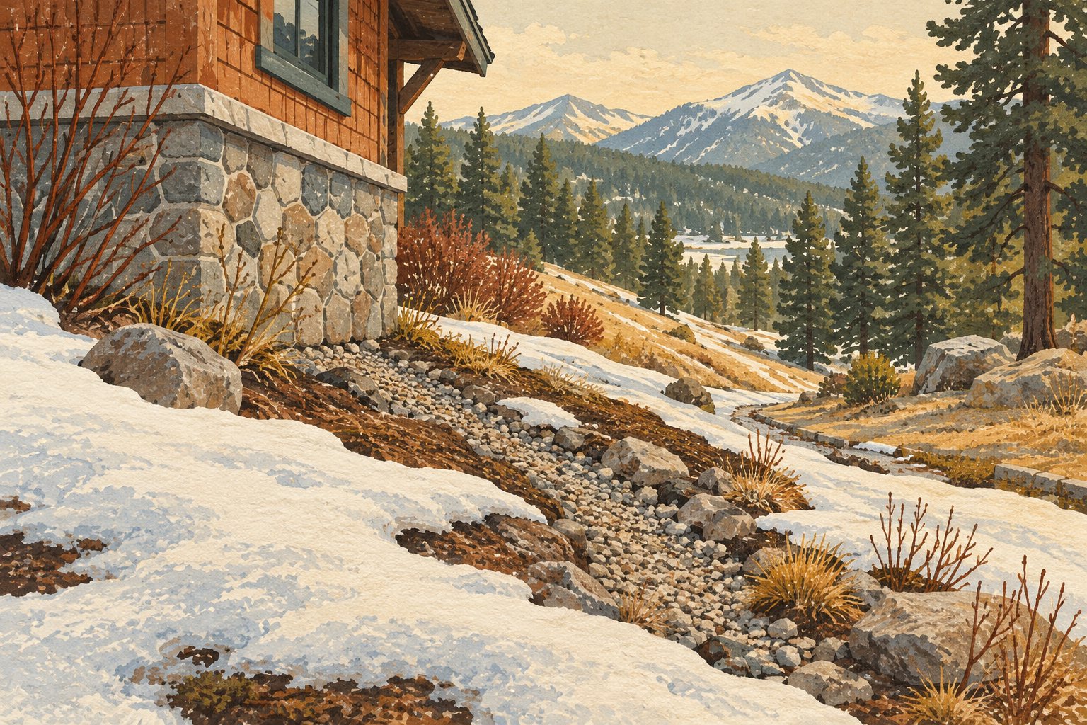 Illustrated melting snow and a downhill drainage swale