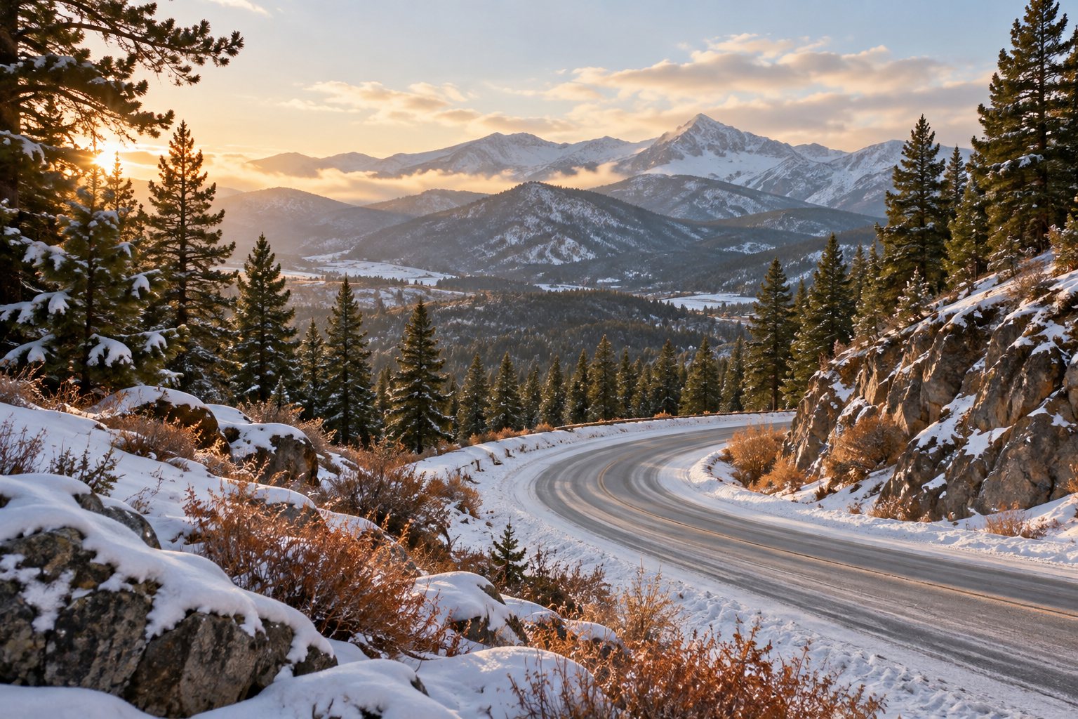 Generated editorial view of a snowy mountain road