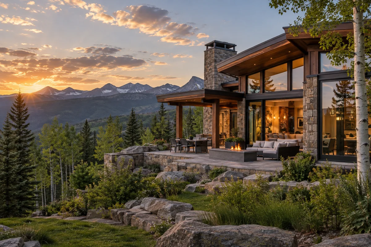 Luxury mountain home at sunset in Southwest Colorado