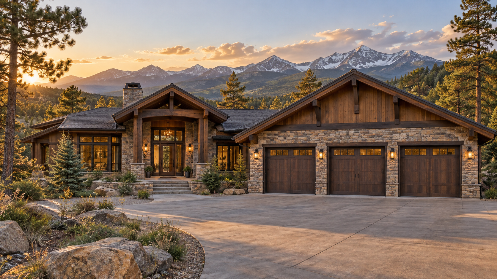Southwest Colorado mountain home with three visible garage bays