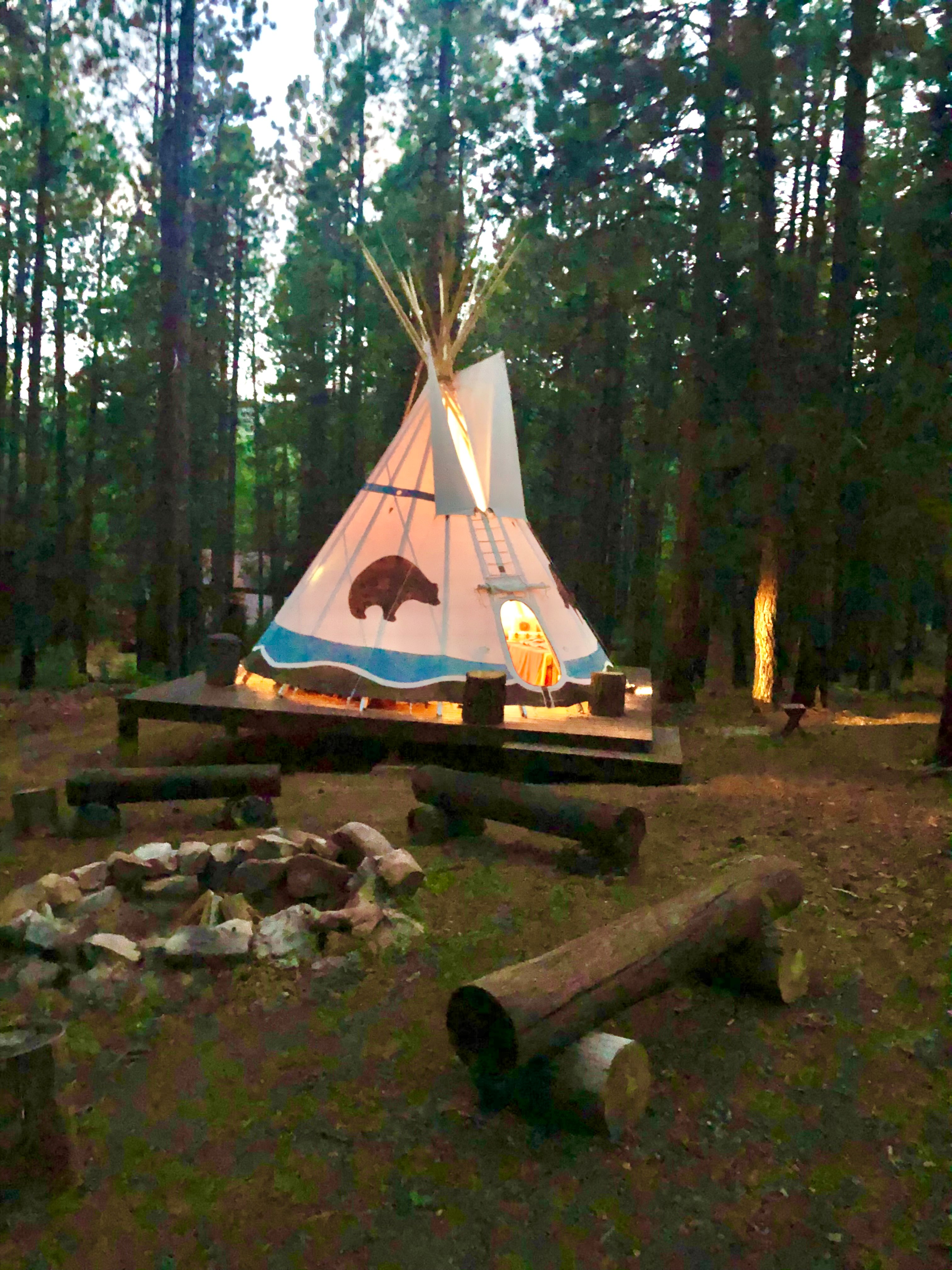 A softly illuminated lodge among Southwest Colorado trees at dusk